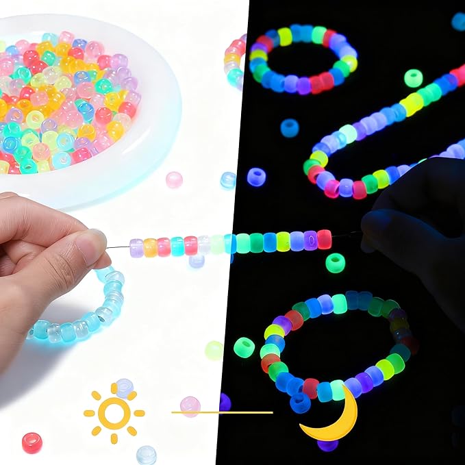 1000Pcs 6x9mm Glow in The Drark Pony Beads for Jewelry Making, 5 Style Color Kandi Hair Beads for Braids, Bracelets Making Kit, with Stretch Cord and Scissors