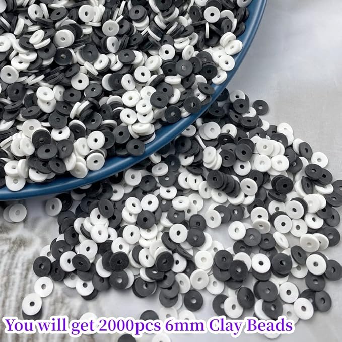 3000pcs Heishi Vinyl Beads Flat Round Polymer Clay Spacer Beads for Making Bracelet Necklace Earring Accessories DIY Handmade Craft(White/Black, 6mm)