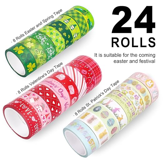 Whaline 24 Rolls Holiday Washi Tape Set St. Patrick's Day Shamrock Easter Egg Masking Tape 15mm Green Clover Happy Easter Valentines Decorative Paper Stickers for Scrapbook DIY Craft, 16.4 Ft