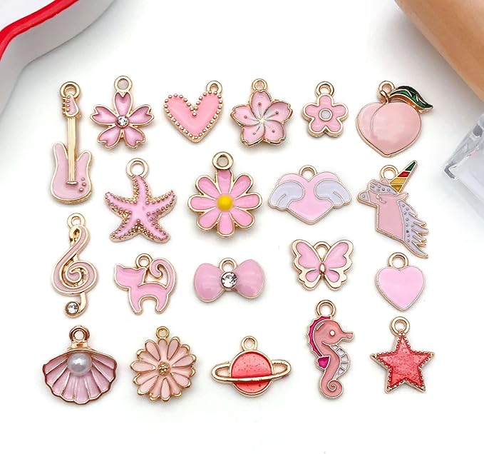 WOCRAFT 40pcs 20 pairs Assorted Enamel Bracelet Charms for Jewelry Making DIY Necklace Bracelet Earrings Keychain Crafting Charms Kit Crafts (Pink-SN991)
