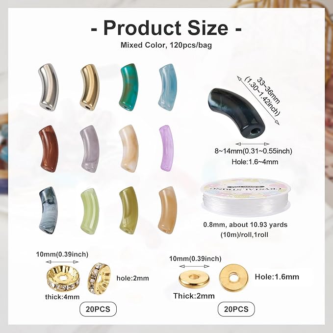 60Pcs Chunky Tube Beads with Rondelle Brass Rhinestone Spacer Beads & Elastic Thread & Plastic Tube Beads, Imitation Gemstone Curved Acrylic Tube Beads for Bamboo Bangles Bracelet Jewelry Making