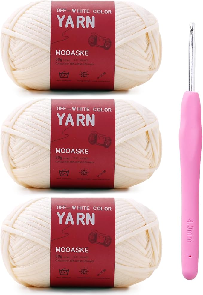 3 Pack (3 x 50g) Crochet Yarn with Crochet Hook - Worsted Medium Yarn for Crocheting - Easy-to-See Stitches Cotton-Nylon Blend Beginner Knitting Yarns for Adults and Kids