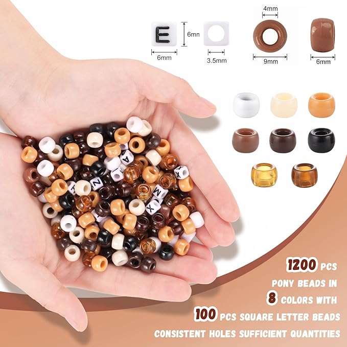 Funtopia Black and Brown Beads, Pony Beads for Bracelets Crafts, 1200 Pcs 6x9mm Kandi Beads and 100 Pcs Letter Beads for Kids Girls Women, Plastic Beads for Hair(8 Assorted Colors)