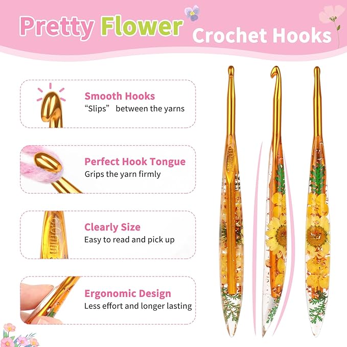 Coopay Crochet Hook Set, 5 PCS Crochet Hooks with Case (4mm, 4.5mm, 5mm, 5.5mm, 6mm), Floral Resin Grips - Beautiful & Ergonomic, Great for Crocheting Blankets, Dolls, Shawls, Hats, Scarves (G-J)
