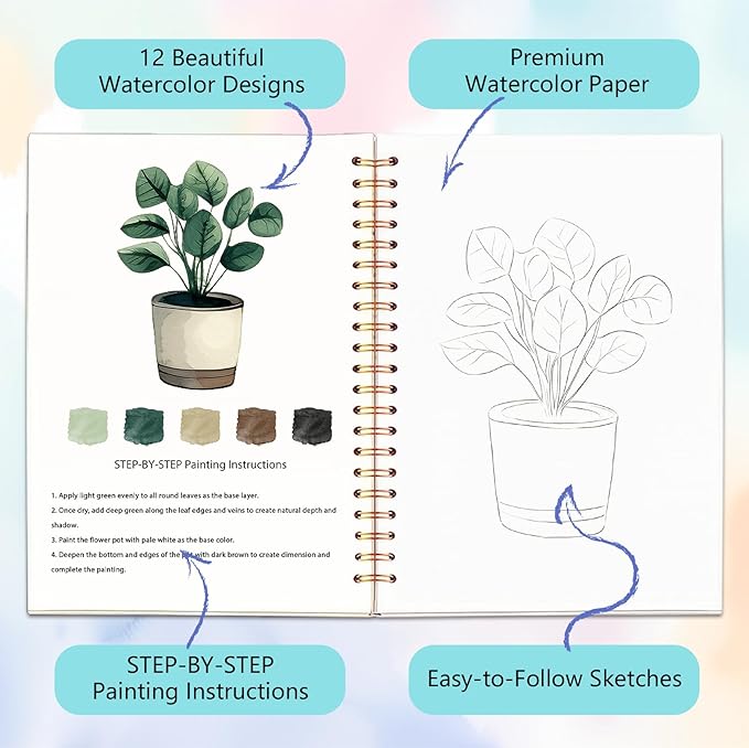 Easy Watercolor Workbook for Beginners - 12 Beautiful Step-by-Step Paintings Water Coloring Book, Includes 18 Colors Paints, Relaxing Art Projects and Creative Gift for Adults & Teen (Plants)