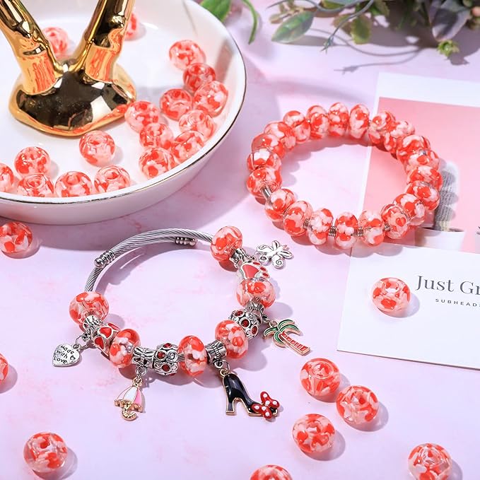 AIPRIDY Girls' Lucky Beads Lover Amber Beads, Big Hole Spacer Beads European Craft Beads for DIY Charms Bracelet Jewelry Making (Red)
