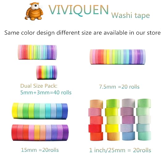 VIVIQUEN Washi Tape Set 40 Rolls Masking Tape Pack Colorful Decorative Thin Tapes Fit DIY Scrapbooking Crafts Gift Wrapping Tapes(5MM and 3MM Wide)