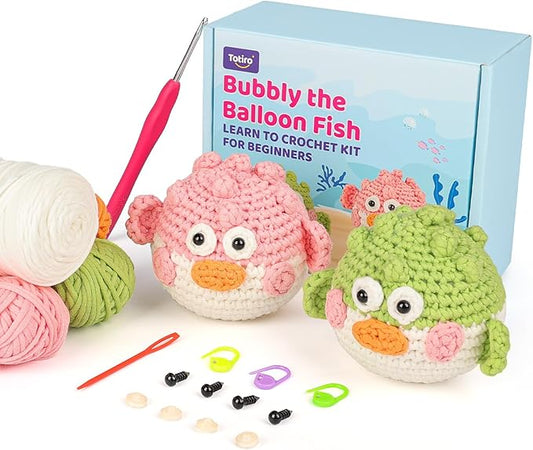 Totiro Crochet Kit for Beginners, Balloon Fish Amigurumi Starter Kit, Easy DIY Craft Set with Step-by-Step Video Tutorials, 2 Pack Crochet Pattern Learning Kit for Teens Adults Birthday Gift