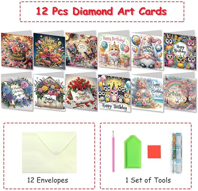 12 Packs Diamond Art Cards Kit, Diamond Painting Greeting Cards with Envelopes, DIY Card Making Kits for Adults, Gifts for Families, Friends, Partners (Birthday)