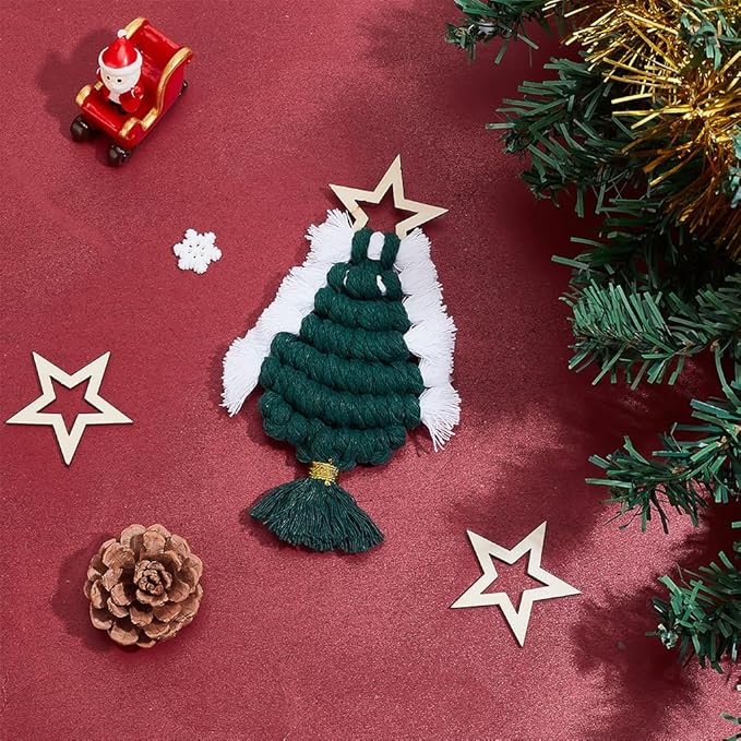 FREEBLOSS 6 Set Macrame Christmas Tree with Pentagram Chips Boho Decor Christmas Macrame Hanging Ornament Christmas Tree Ornaments Macrame Kit for Beginners