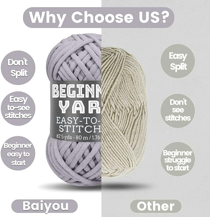 Beginners Grey Yarn - 3x50g, 260 Yards for Crocheting/Knitting, Easy-to-See Stitches, Worsted Medium #4, Chunky Thick Cotton Nylon Blend
