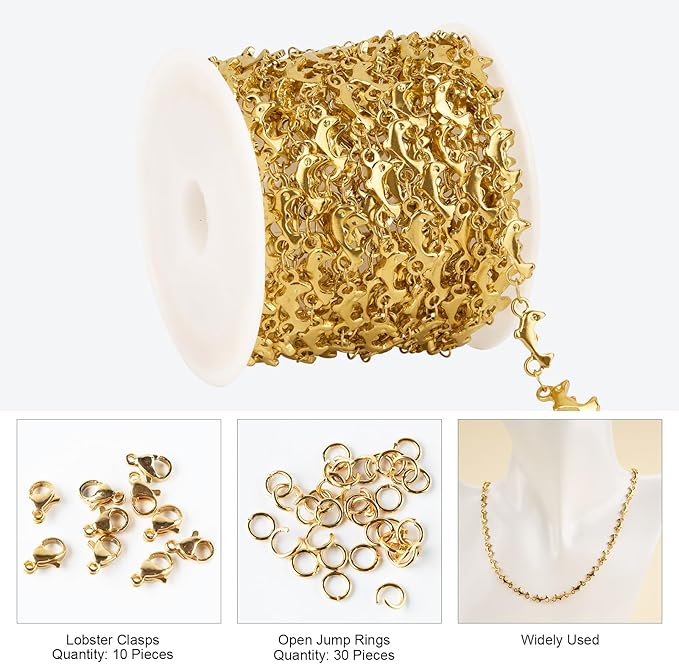 Kyutong 4 Meters Gold Plated Jewelry Making Chains on Spool Dolphin Shape Craft Jewelry Findings Stainless Steel Necklace Chain Bulk with Clasps for Women Men Make Handcrafts