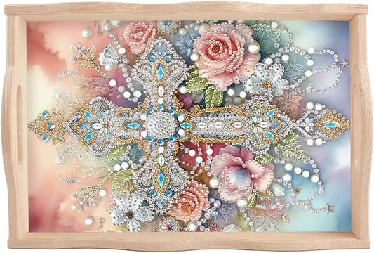 5D Diamond Art Tray with Handle for Adults DIY Diamond Art Plate Kits Flowers and Cross Picture Diamond Art Painting Dinner Plate for Coffee Living Room Home Organizer Parties Family Gatherings