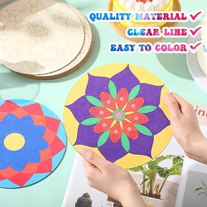22 Pcs Wooden Mandala Painting Set 10 Mandala Unfinished Wood Cutouts with 12 Markers for Crafts Diwali Craft Wood Slices for Adults Painting DIY Tags Wedding Home Decors(Classic Style)