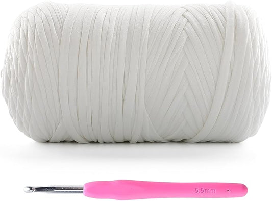 1 Pack T-Shirt Crochet Yarn for DIY Knitting Crochet Cloth Blanket Bag Dolls - 400g Chunky Thick Yarn for Crocheting with Polyester-Spandex Blend Elastic Fabric (White)