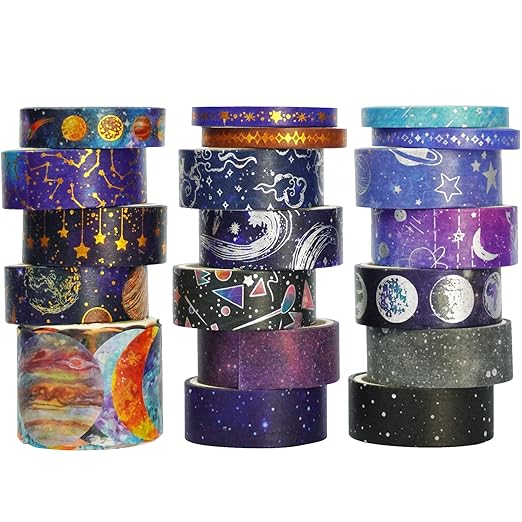YUBBAEX Galaxy Washi Tape Set Starry Gold Silver Foil Decorative Tapes for Arts, DIY Crafts, Journals, Planners, Scrapbook, Wrapping (Universe 19 Rolls)