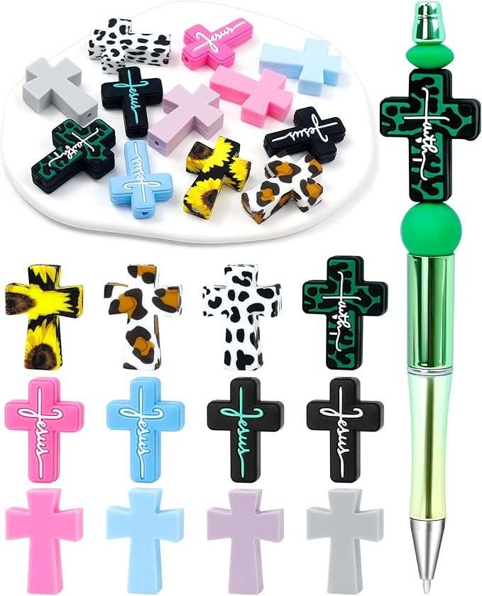 12Pcs Cross Silicone Focal Beads for Pens, Leopard Cross Shaped Rubber Charms, Jesus Beads for Beaded Pen, Bracelet, Necklace, Keychain Making Accessories