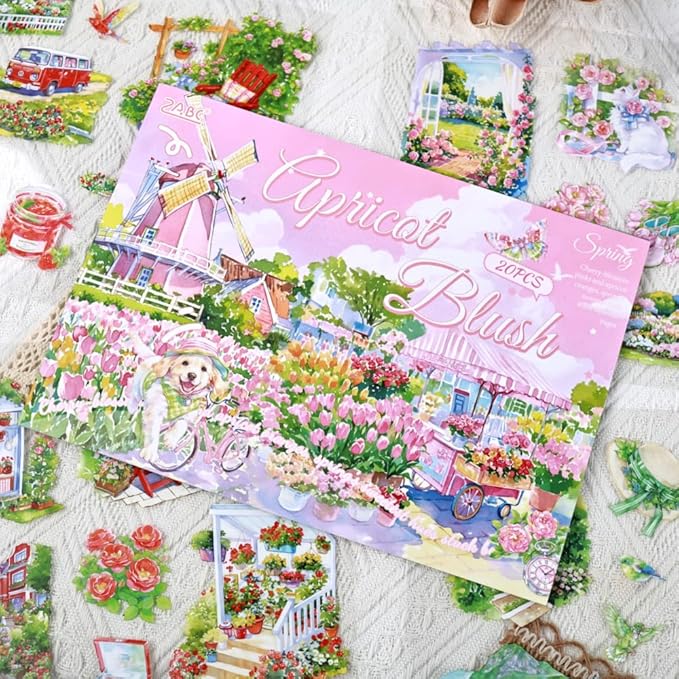 Large Spring Landscape PET Sticker Book for Journaling, 20 Sheets Transparent Pre-Cut Scenery Stickers for Scrapbooking Supplies, Collage Decorative, 9.25 x 6.58 inches