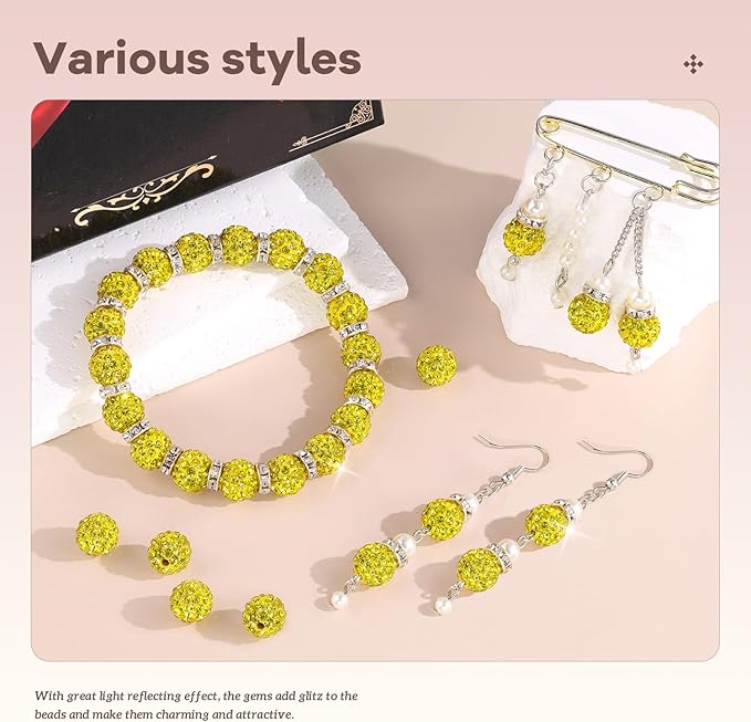 105pcs 10mm rhinestone beads for jewelry making, yellow shiny round disco ball beads bulk, sparkle crystal clay christmas for bracelet baseball necklace earring crafting and diy