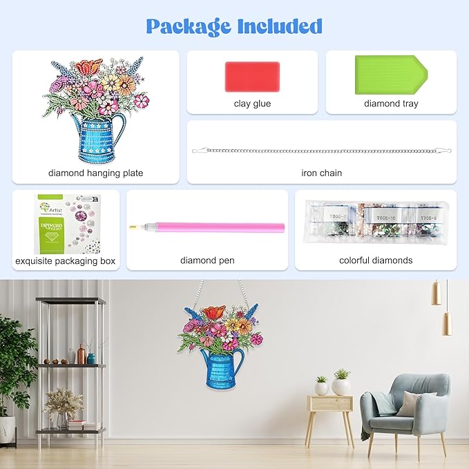 RICUVED Flowers Hanging Diamond Art Kit for Adults, Kettle Special Shaped Crystal Gem Craft Diamond Painting Pendant Kit for Beginners, DIY Hanging Acrylic Art Ornament for Home Garden Wall Decor