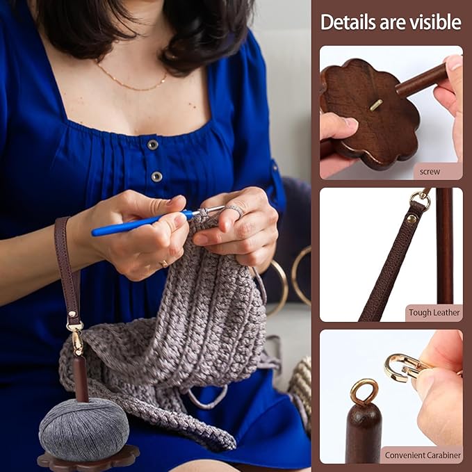 Wrist Yarn Holder - Portable Wooden Yarn Holder with Leather Wristband and Shoulder Strap, Yarn Spinner and Ball Minder Stand for Crocheting, Knitting Accessories Organizer(B)