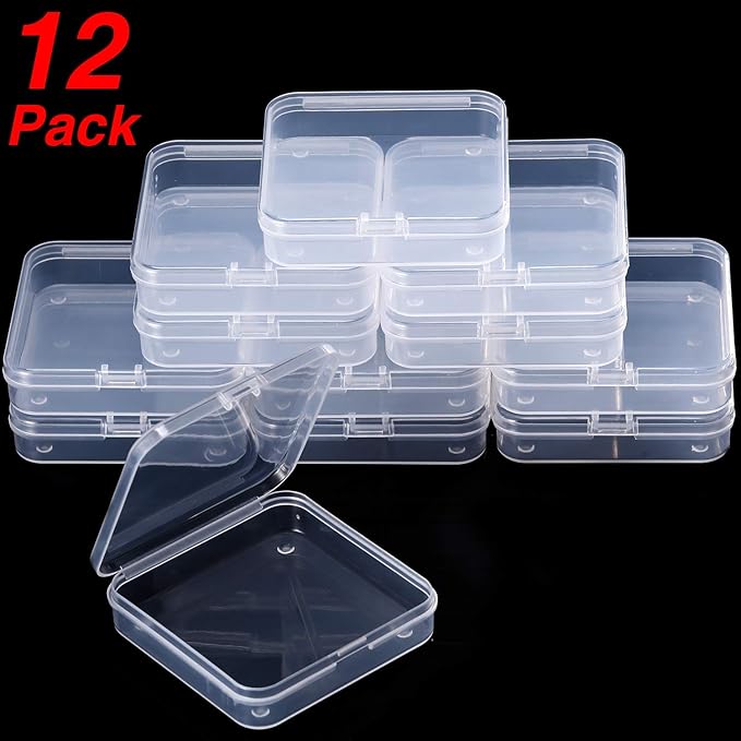 SATINIOR 12 Pack Clear Plastic Beads Storage Containers Box with Hinged Lid for Beads and More (2.75 x 2.75 x 0.67 Inch)