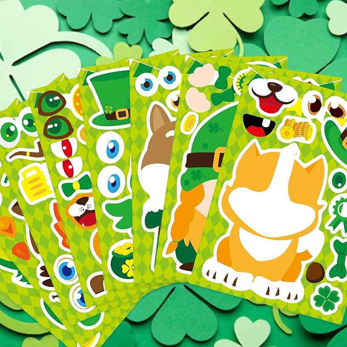 24 sheets st patrick's day stickers mix and match make a face animal stickers st patrick's day party favor supplies, art and craft