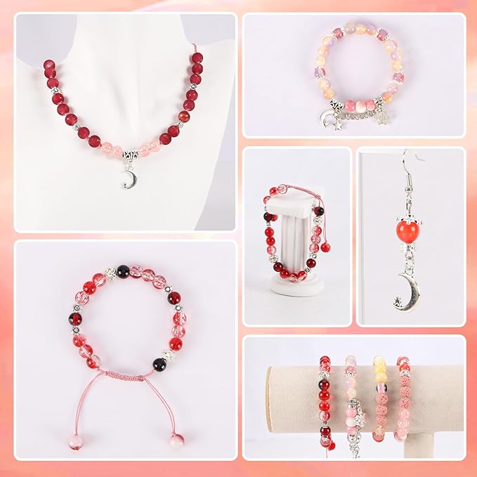 Tunmiok Glass Beads for Jewelry Making Kit with Metal Charms & Crystal String - Includes Spacers, Flower Holders - Bracelet kit, Necklace, Earring Set Supplies for Adults (Pink)