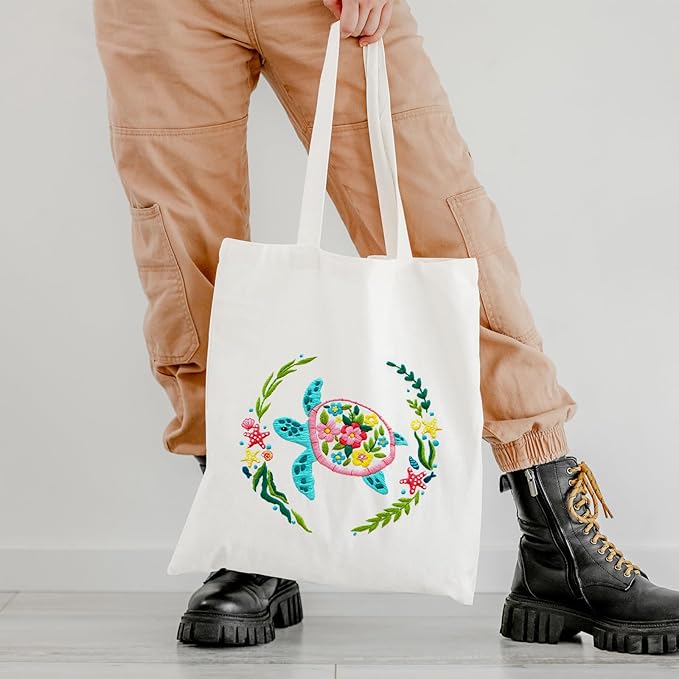 Nuberlic Canvas Tote Bag Embroidery Kit for Beginners Adults -Cross Stitch Kits Needlepoint with Sea Turtles Pattern Bag Reusable Eco-Friendly Shopping Bag