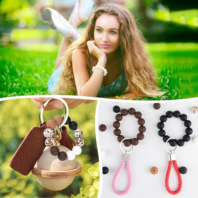 ASTARON 100 Pcs 15mm Silicone Beads for Keychain Making, Cow Brown White Round Beads Bulk for Bracelets Crafts Beadable Pens Decorations Jewelry Making Supplies