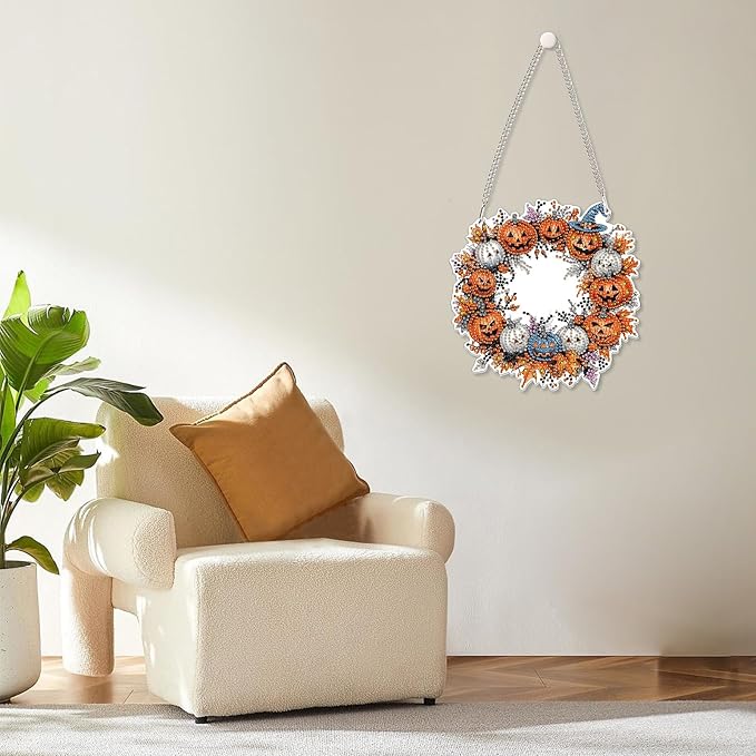 MOGTAA Fall Pumpkin Diamond Art Hanging Pendant Kits, Halloween Diamond Art Suncatchers for Adults, 5D Special Shape Diamond Painting Wreath Gem Art for Home Wall Decor