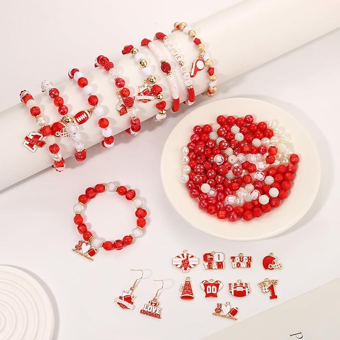 NVENF 3000PCS+ Game Day Beads Charms for Bracelets Necklace Making Clay Beads Football Charms for Game Day Bracelets Necklace Making DIY Crafts (Red White)
