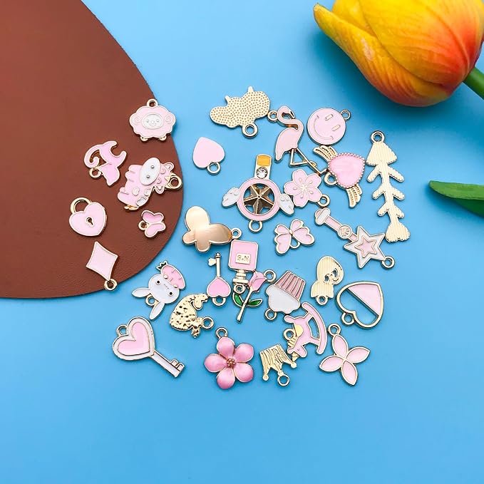 Youdiyla 60pcs Alloy enamel pink series fixed set Pendant Jewelry Making DIY Keychain Earrings Pendant Various Design Charms for Jewelry Making Bracelets Necklace (HK549)