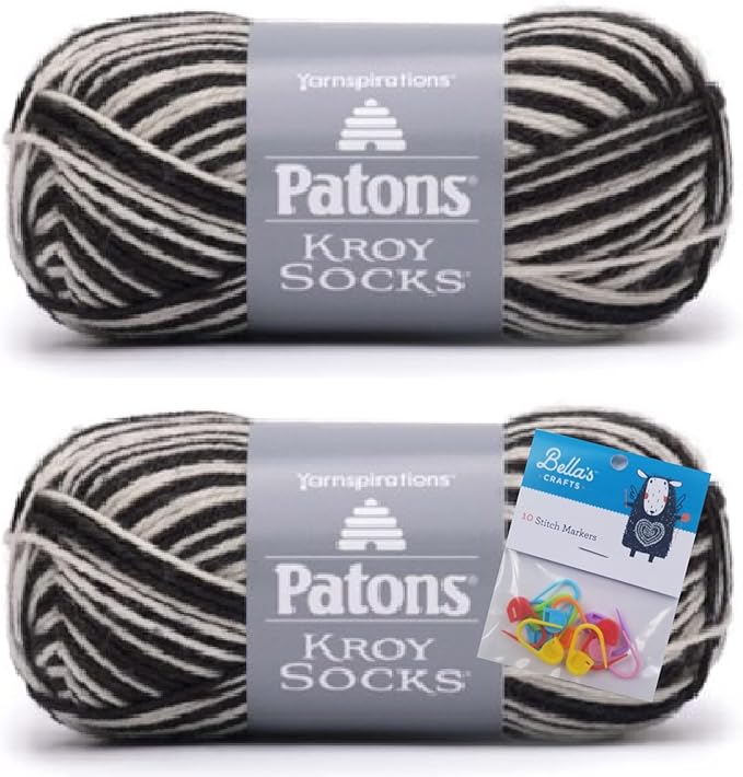 Patons Kroy Socks Yarn 2-Pack Bundle with Bella's Crafts Stitch Markers (Zebra Stripes)