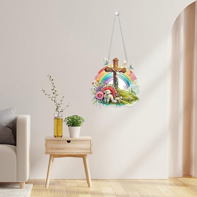 GHHKUD Easter Theme Diamond Art Hanging Kits for Adults, DIY Double Sided Diamond Painting Hanging Rainbow Kits Adults, Special Shaped Acrylic Ornaments Pendants for Window Home Garden Wall