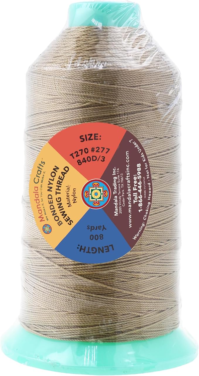 Mandala Crafts Size 277 840D T270 Bonded Nylon Thread - Khaki 800 YDs Tex 270 Heavy Duty Sewing Threads for Leather, Jeans, Weaving, Outdoor Marine Upholstery