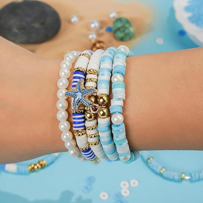 Gionlion Clay Beads for Bracelets, Blue Winter Clay Beads Bracelet Making kit with Golden Pearl Beads for Jewelry Making, Charms Bracelet Kit and Crafts DIY Valentines Day Gifts for Her Women