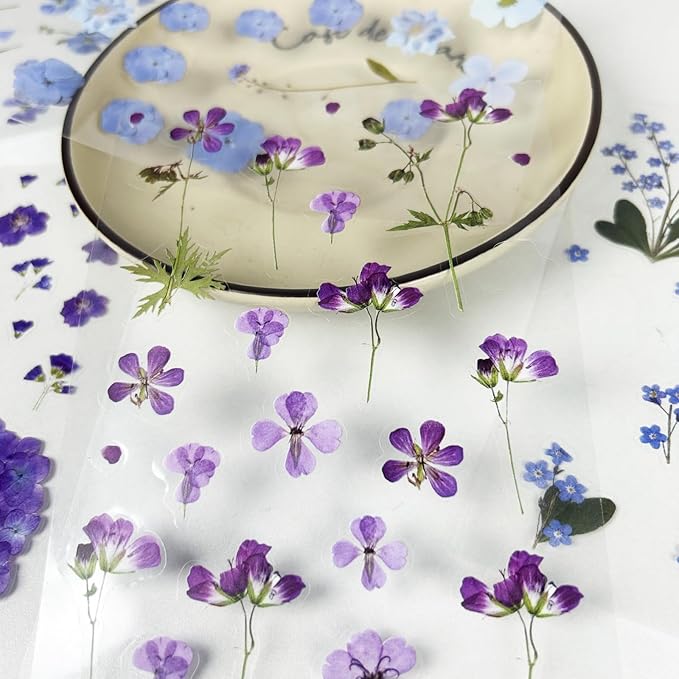 400PCS Plants Floral Scrapbook Stickers Kit Purple Flowers Transparent Waterproof Stickers Book for Scrapbooking Supplies Aesthetic Junk Journal Journaling Craft 20-Page