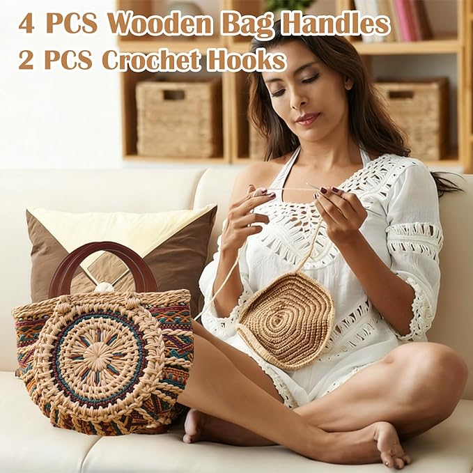 Hilltian 4+2 PCS D Shape Purse Handles with Crochet Hooks, Wooden Bag Handles for Handmade Crochet Bag, Purse Making Supplies, 2 Colors