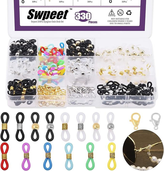 Swpeet 330Pcs Gold and Silver 3/4" Adjustable Silicone Eyeglass Chain Ends Spectacle End Connectors and 15/32" Stainless Steel Lobster Claw Clasps Kit, Bracelet Necklace Clasps Anti Spring Connector