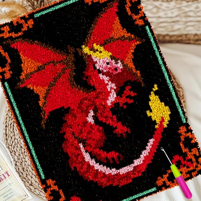 ORIGACH Dragon Latch Hook Rug Kit for Adults Printed Rug Making Kit Handmade Carpet Tapestry Cover with Hook Latch and Preprinted Canvas, Home Arts Crafts Sofa Decor, 20.5x15inch