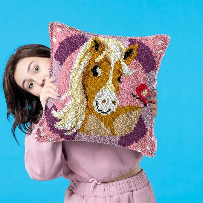 DL-YTG Latch Hook Kits Pillow Horse Crochet Yarn Cushion Colour Pre-Printed Canvas Rug Needlework DIY Pillowcase Hook and Latch Kit Arts Crafts Christmas Home Sofa Decoration 42x42cm/16X16inch