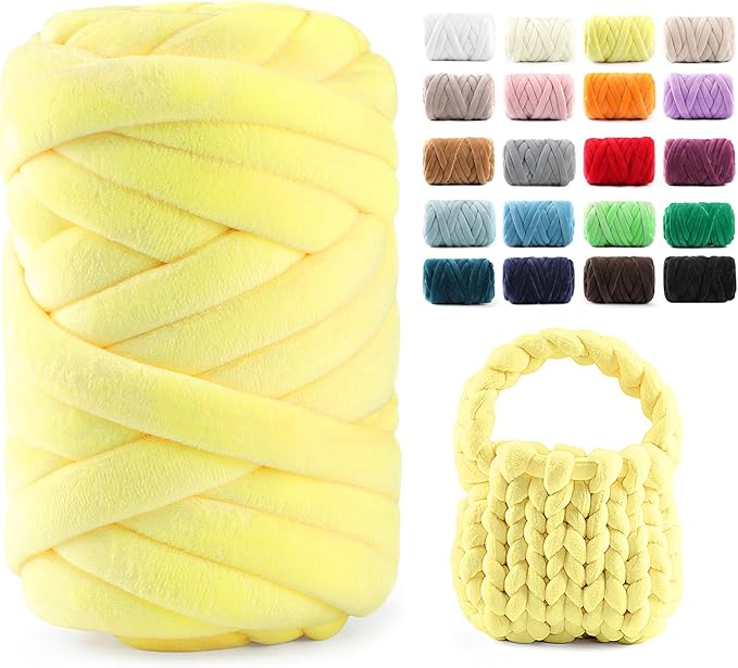 Chunky Yarn for Hand Knitting & Arm Knitting - 0.66lb Super Bulky Velvet Chenille Tube Yarn for DIY Pillows, Pet Beds, Baskets & Home Decor | No Tools Needed, Machine Washable, Bright Yellow,1 Pack