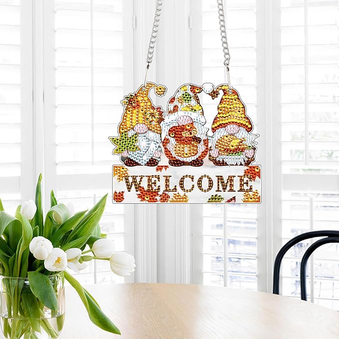 AiYuanzsh Autumn Gnome Diamond Painting Hanging Sign, 5D DIY Acrylic Crystal Rhinestone Diamond Art Kit Pendant, Welcome Fall Decor for Door, Wall or Porch
