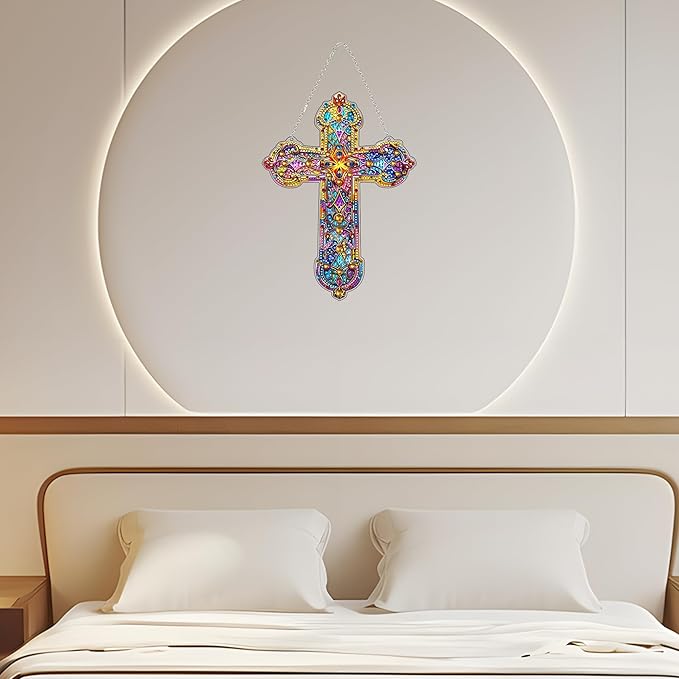 JJFox Diamond Cross Art Hanging Kit for Adult,Special Shaped Rhinestone,DIY Acrylic 5D Diamond Art Painting Window Pendants Home Garden Wall Hanging Kits Hanging Ornament,Double Sided