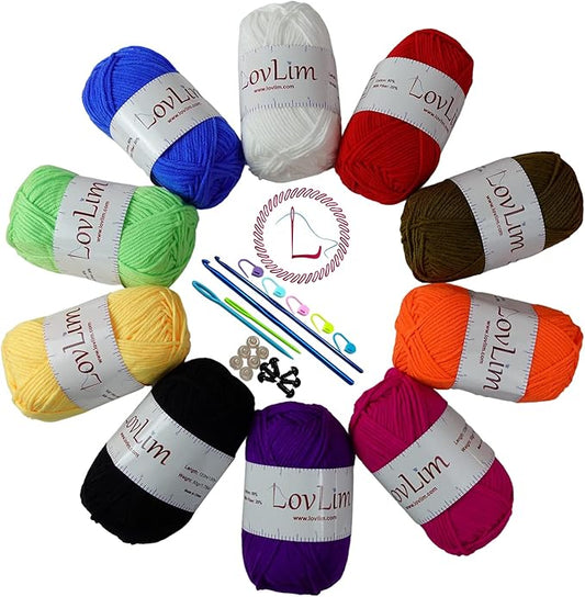Crochet Yarn, 10x50g Soft Cotton Yarn Skeins, 1200+ Yards, for Crochet and Knitting, Free Crochet/Amigurumi Patterns, Craft DK Yarn Perfect Starter Kit (Rainbow)