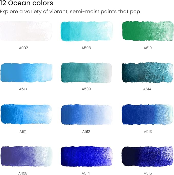 Arteza Watercolor Paint Set with Water Brush, 12 Watercolor Half Pans in Ocean Tones, Semi Moist, Art Supplies for Painting Stunning Seascapes