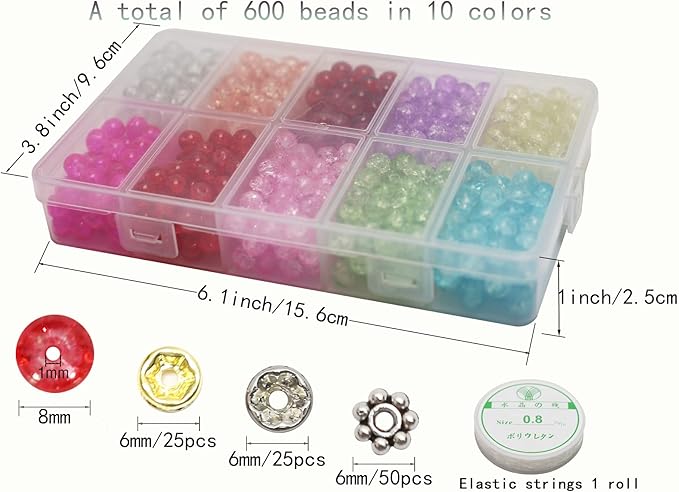 600pcs Assorted-Color 8mm Crackle Glass Beads-Handcrafted Round Lampwork Smooth Loose Beads for Bracelet & Adult Jewelry Making and Professional Crafting