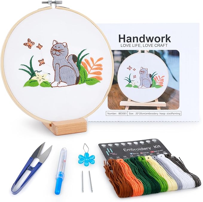 Embroidery Kit for Adult Beginners, Cat Embroidery Kit with Step-by-Step Instructions and Video, Printed Cloth, 7.87" Hoop, Display Stand, Color Threads, Threader & Needles for Craft Lover(BED001)