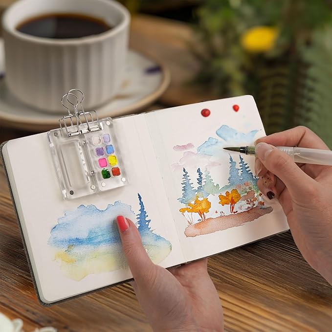 Watercolor Journal Sketchbook, 5.5" x 5.5" Sketch Books Artist Cotton Watercolor Paper, Linen Cover with Tap Water Pen, 24 Sheets 140 LB, 300 GSM for Travel Sketching On The Go Art, 2 Pack
